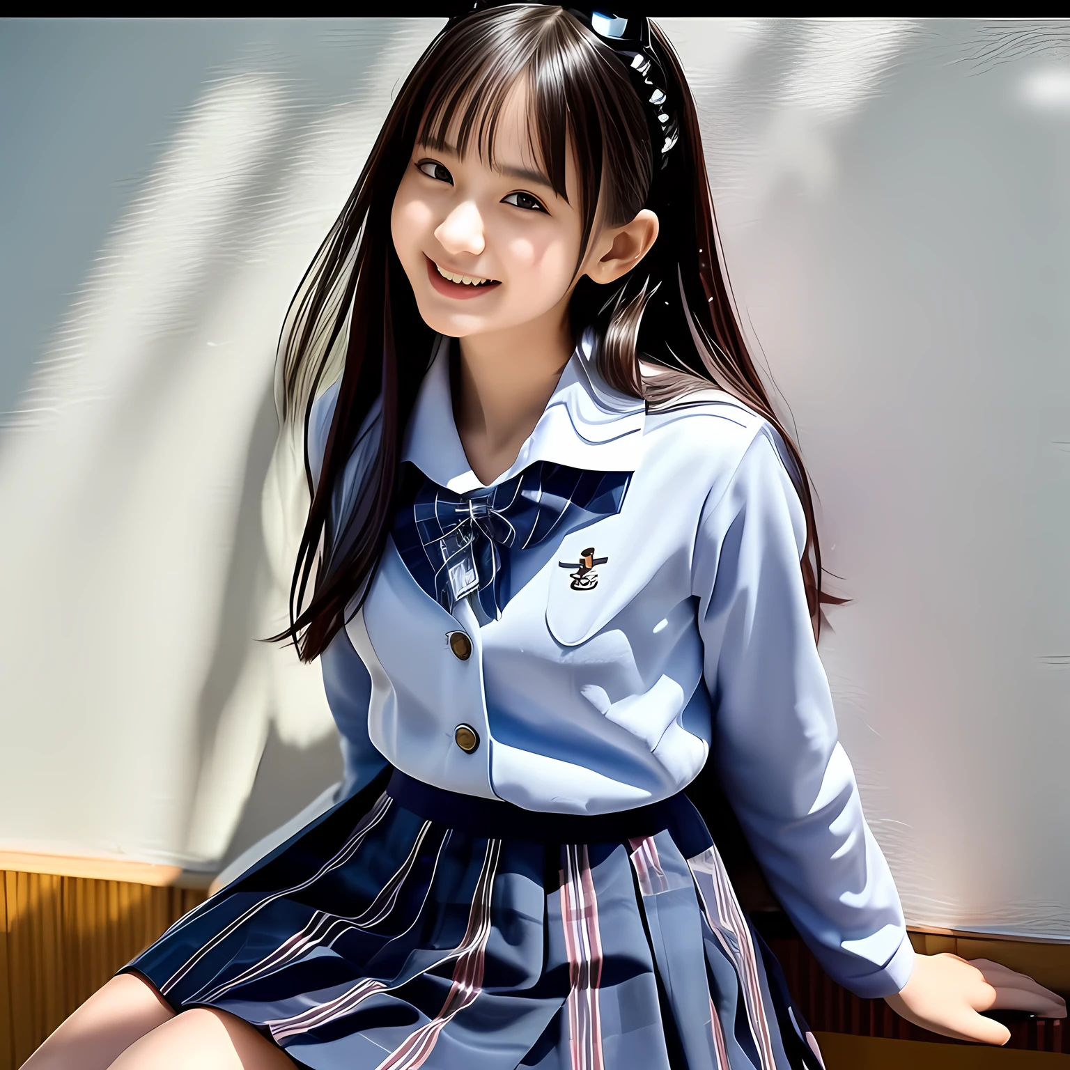 (Highest quality, masterpiece:1.2), Highest quality, High resolution, 1080P, 8k, (A noble, graceful and 13yo Japanese young long straight hair fashion model lying on a white floor is laughing at me, look at me with intense pity: 1.5), (Everyone says she is the most beautiful 13yo girl in Japan: 2.2), (Fine white skin that looks like she has never been outside the house: 1.5), (drooping, double-eyelids, brown wet cutely smiling large eyes with detailed, long bottom eyelashes, like 13yo most beautiful fashion model in Japan: 1.5), (Navy colored school blazer, Navy blue pleated school tartan checkered skirt: 1.5), Very soft and adorable cheeks, (Plain blue school ribbon on the breast), (Nothing background except completely white wall: 1.7), (Girl whom everyone loves because of her beauty and lovely fashion and noble manner and magic-charm of succubus: 1.8), (Very beautiful, neat, super-long straight black hair like a hair model, with a pair-pin: 1.3), (Drives me crazy for her 濃紺 neat tartan checkered blue skirts and make me fall into her 濃紺 tartan checkered skirt: 1.8), 