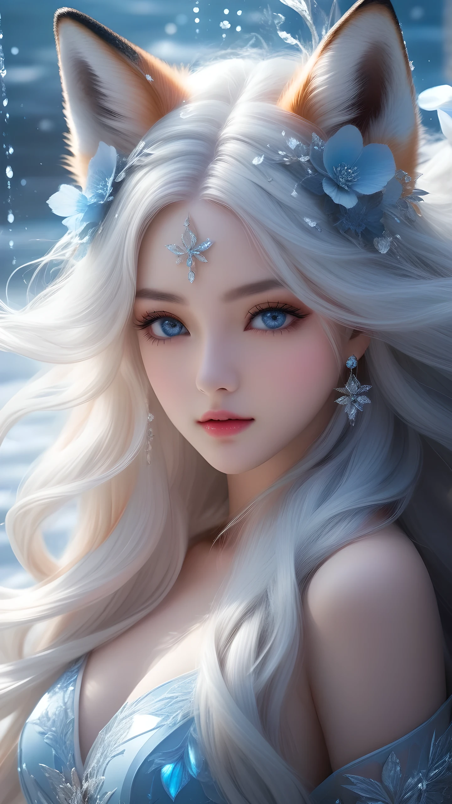 masterpiece, best quality,
official art, extremely
detailed cg 8k wallpaper,
(flying petals)
(detailed ice) , crystals
texture skin, cold
expression, ((fox ears)),
white hair, long
hair, messy hair, blue eye,
looking at viewer,
extremely delicate and
beautiful, water, ((beauty
detailed eye)), highly
detailed, cinematic
lighting, (beautiful face),
fine water surface, (original
figure painting), ultra-
detailed, incredibly
detailed, (an extremely
delicate and beautiful),
beautiful detailed eyes,
(best quality), (masterpiece,best quality:1.5)