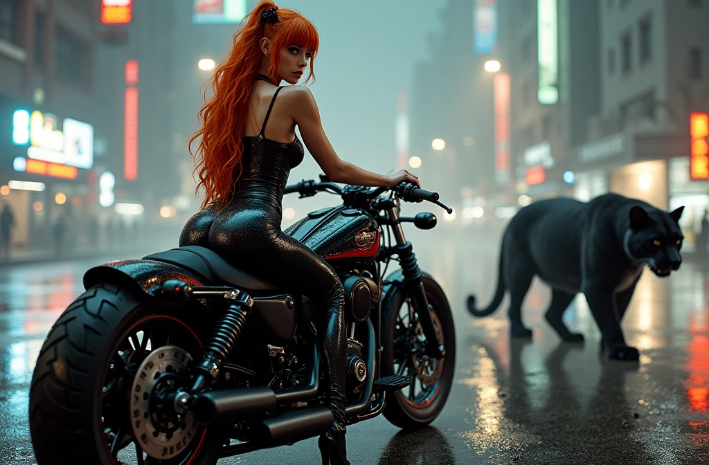 (extremely detailed CG Unity 8k wallpaper:1.1), black woman rider, cat head helmet, sexy, busty, skin-tight leather, red curly hair, epic composition, highly detailed background, NSFW, cyberpunk, cyberpunk city, (Harley-Davidson Sportster motorcycle:1.1) driving, action shot, blur, sharp on target, volumetric lighting, golden hour, rim lighting