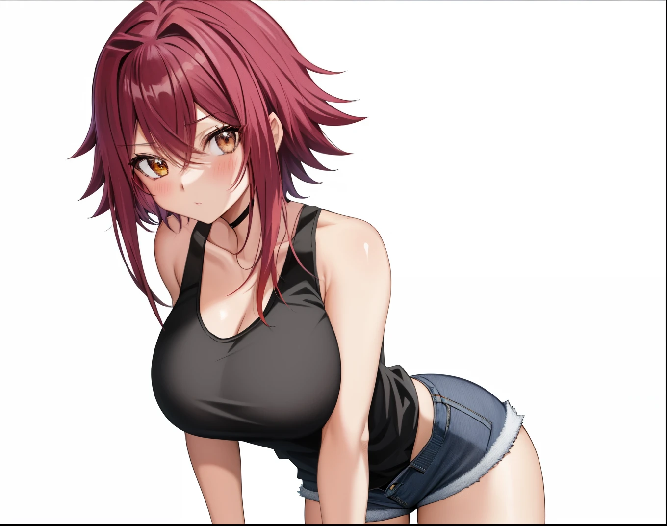 床に立っている赤い髪のAnime Girls, Anime Girls, Anime Styleキャラクター, clothing:Black tank top, Girl wearing denim shorts, Anime Styleで, Big Breasts, Girls with big breasts, Anime Style, Anime Style, Muscular Woman, Knight of the Zodiac Girl, Short Hair, With red hair, In anime style, Feminine and muscular, Skin tight tank top, Bare Arms, Bare shoulders, Alone, looking at viewer, Female focus, Cowboy Shot,