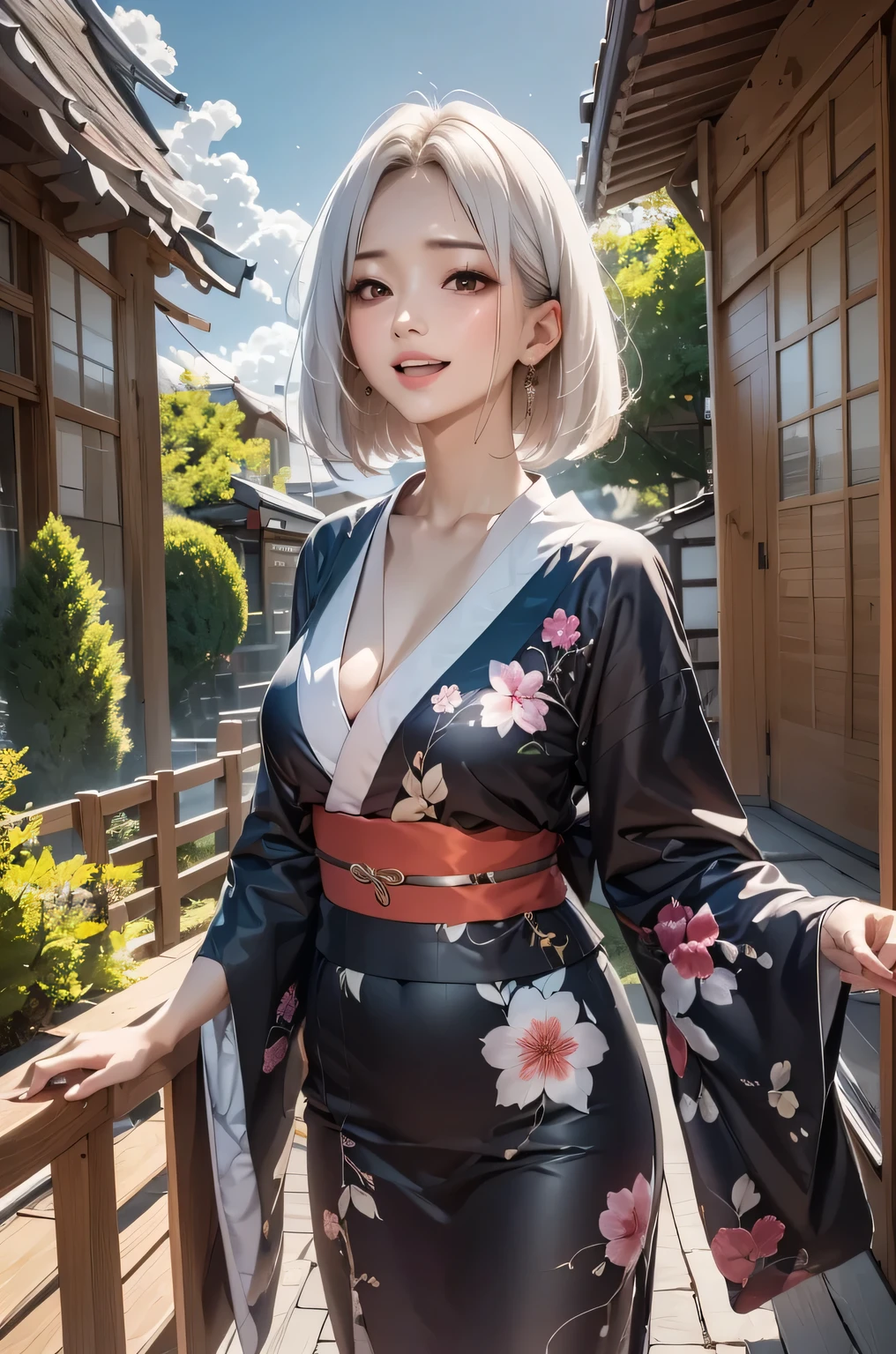 masterpiece, best quality, highly detailed, 1girl, white hair, face: sweet girl, laugh kimono, black kimono, Matte texture clothing. look up at the night sky.
