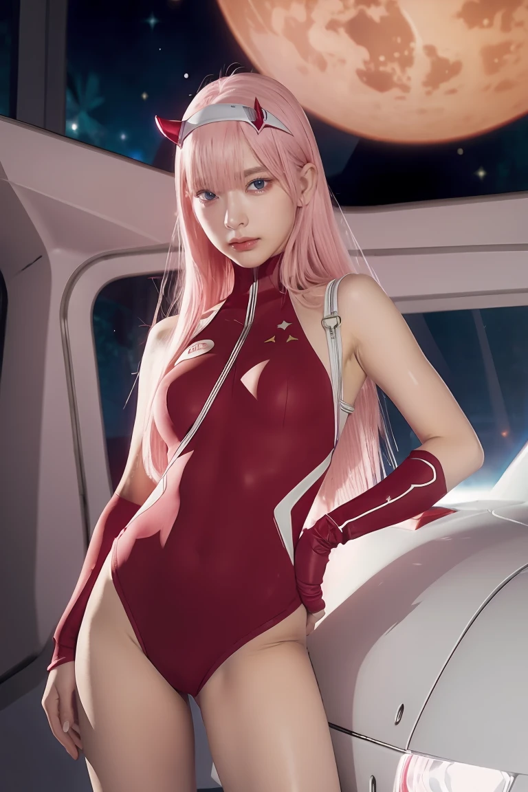 dynamic angle,ultra-detailed, illustration, straight on, 1girl, ((Zero two, interface headband with a pair of horns, red bodysuit:1.4, pink hair)), Her eyes shone like dreamy stars,(glowing eyes:1.233),(beautiful and detailed eyes:1.1),(expressionless, closed mouth),(standing), (mechanic room with tools and spaceship window in a white SPACESHIP), (night:1.2), dreamy, [[delicate fingers and hands:0.55]::0.85],(detail fingers), smirk,