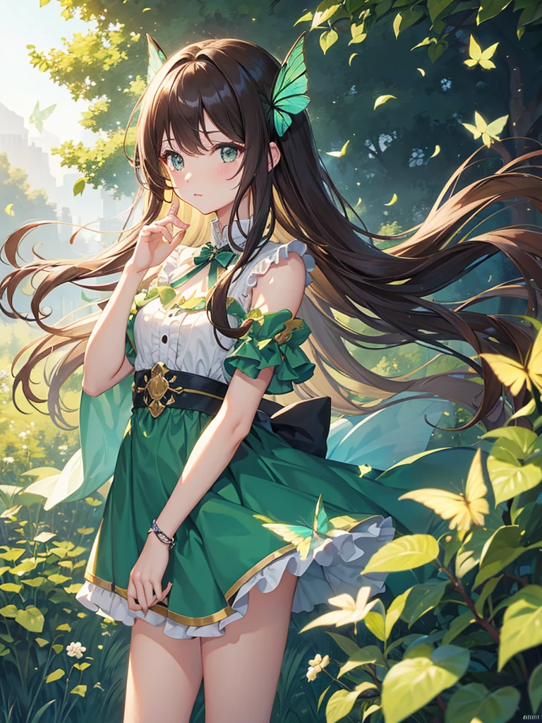 A green girl apple with bear ears and a single leaf attached to a sphere. A brown stick sticks up from her head, and her lower half is covered in caramel. SPARKLE; GLITTER
