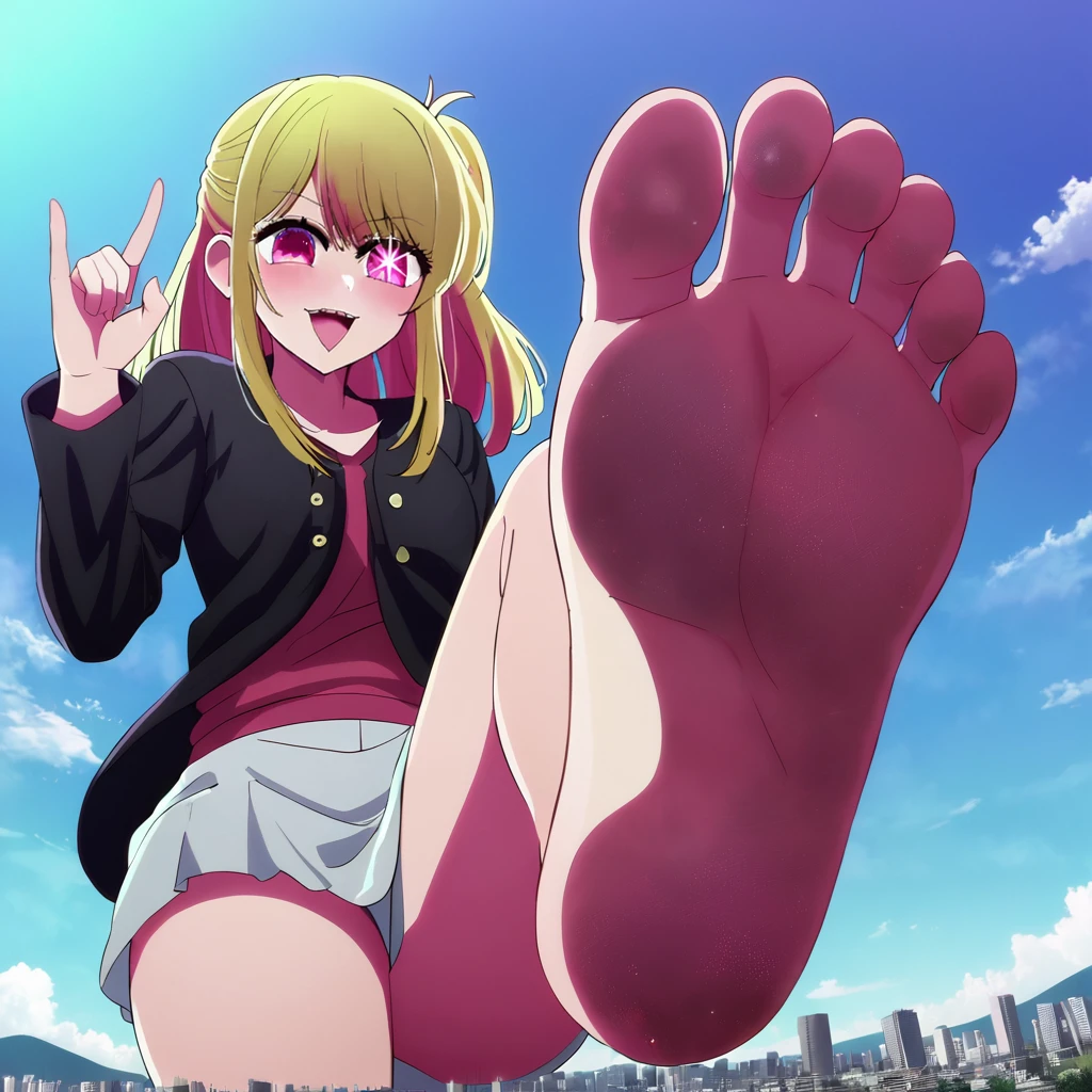 1 girl, oshi no ko, ruby hoshino, stepping, stepped on, pov, angle from above, no shoes, feet, looking down, toes, one, leg lift, foot focus, barefoot, standing on one leg,  depth of field, outdoors,( foreshortening:1.2), facial blur, blurry face, building, city, sky, cloud, giantess, mega size, masterpiece, best quality, absurdres, ultra detailed, confident look, rampage, (smirk:0.6) blonde, 6 pointed star pupil on right eye, five toes, detailed star pupil, full body shown, stinky feet, extremely dirty feet, detailed dirty feet, detailed full body, crushing a city with bare foot, a panel of her laughing at the side, 5 toes only, high quality, not out of frame, detailed eyes, the shape of a perfect foot, the shape of perfect legs, perfect body shape, 5 finger, ultra detailed feet, foot fetish, divine, only 5 toes each foot, bigger than earth