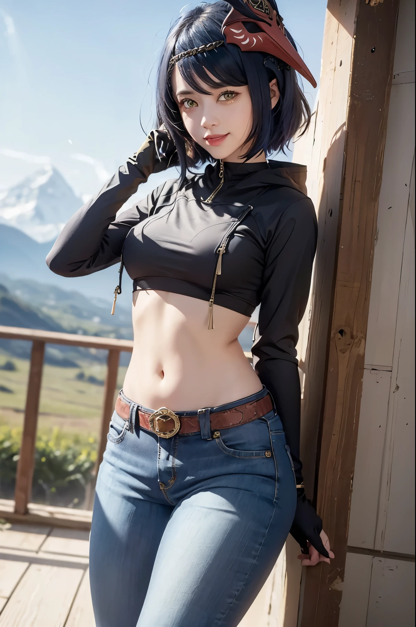 mask on head, blue hair, short hair, yellow eyes, ((black long sleeved latex top)), dark blue jeans, iron belt, sneakers, ((midriff, navel, upper body)), high quality, best quality, high details, old japanese town, standing, excited face, looking at viewer