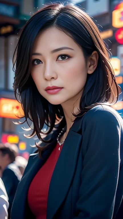 Best Quality, 4K, High resolution, Masterpiece:1.2, Ultra fine, (Real, Realistic, Realistic:1.37), Vivid red and blue eyes, Strong Gaze, Captivating eye contact, Fiery red iris, Deep blue shining stars, Sparkling Eyes, Vibrant colors, Portrait, Fantasy art, Magic red light, Mysterious Beauty, Red color, Red long hair, Blue coat, Cowboy Shot, Full Body Shot