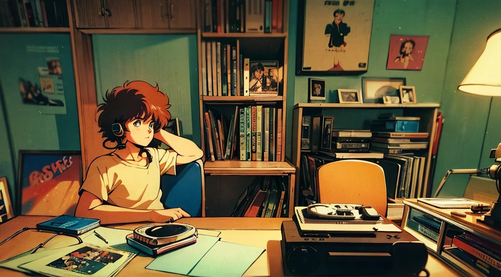 Scene of a young student, with a typical 80’s anime look, sitting on a chair in his room. He wears a retro headset while studying focused, with the soft light of a lamp creating a relaxed, lofi atmosphere. In the background, a shelf with vinyl records and posters of bands from the 80s on the walls