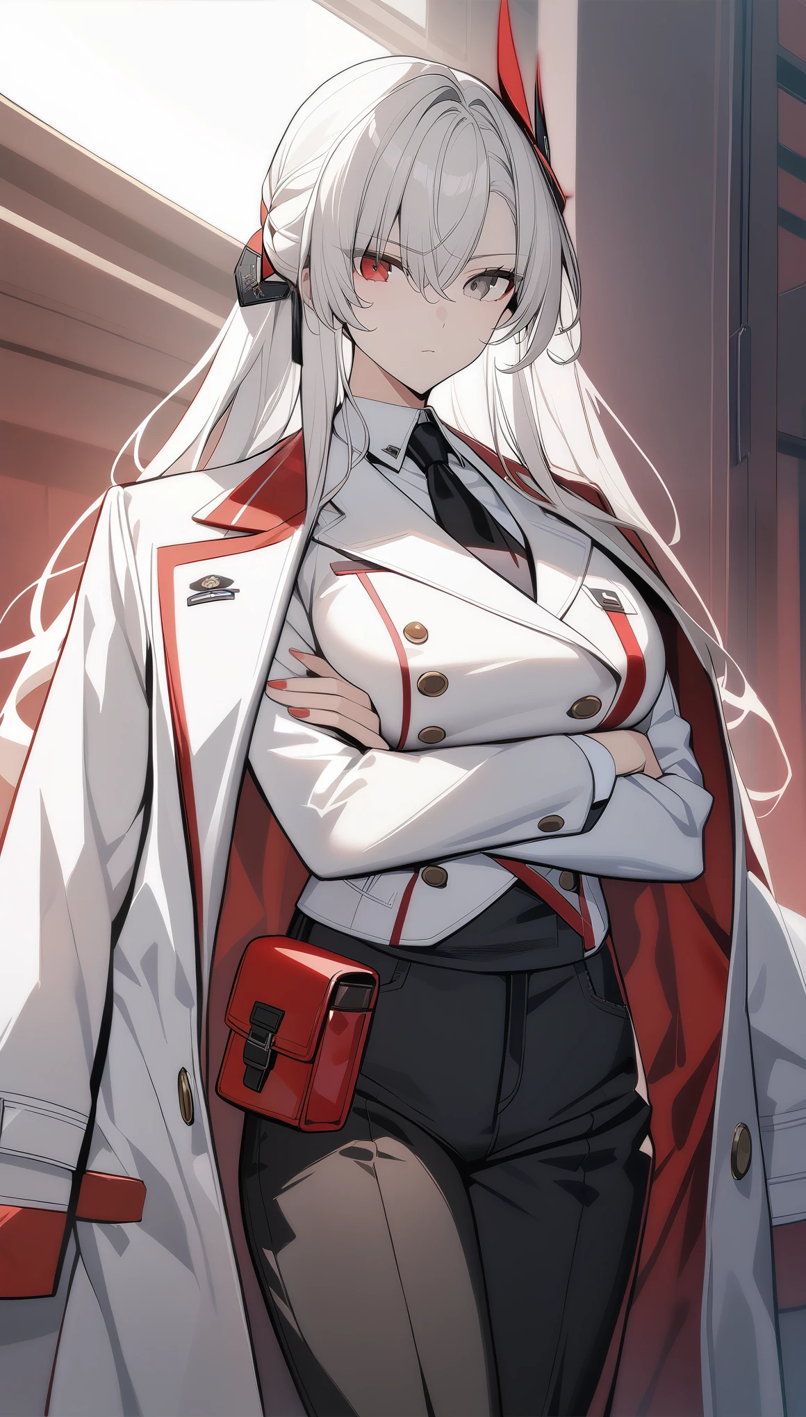 Best quality, illustration, 1girl, white hair, solo, large breasts, tall, mature, long hair, expressionless, black pants, hair ornament, heterochromia, red eyes, gray eyes, red pouch, (white_double-breasted_suit:1.2), red coat on shoulders, 