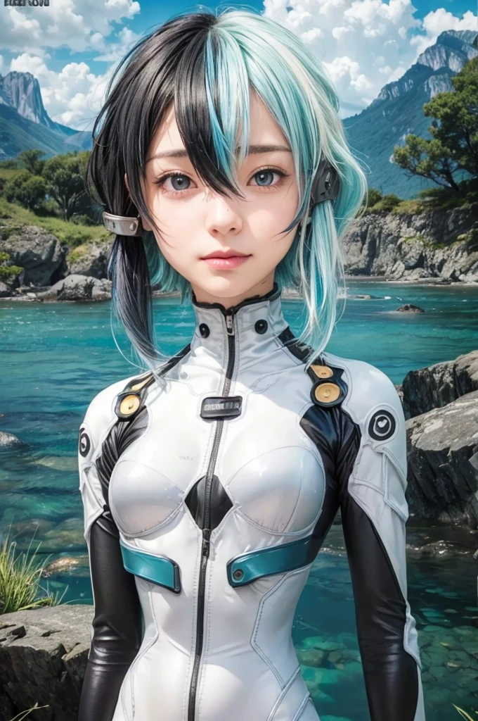 masterpiece, best quality, (realistic,photo-realistic:1.4), (RAW photo:1.2), extremely detailed CG unity 8k wallpaper, delicate and beautiful, amazing,finely detail, official art, absurdres, incredibly absurdres, huge filesize, ultra-detailed,extremely detailed eyes and face,light on face,sinon,(little smile),(short hair:1.4),(wearing plugsuit:1.5),nature background,(sidelocks:1.4),hair clips,(half black hair:1.4),(half blue hair:1.4)