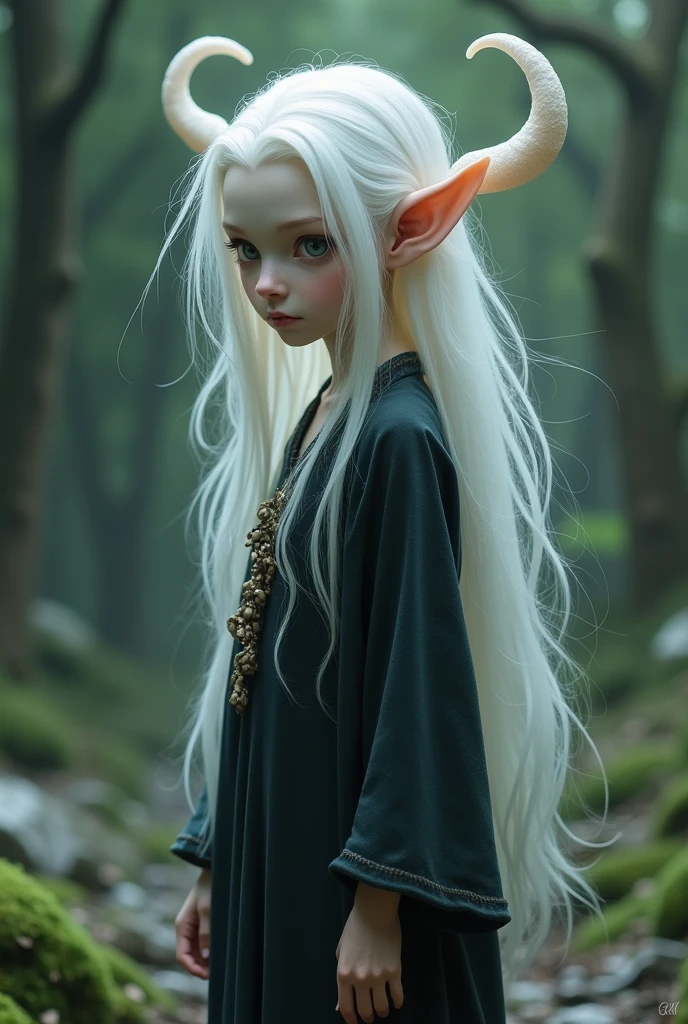 A naked elf looks sensually at the camera. The elf is sitting on a rock in the middle of a dense forest.
