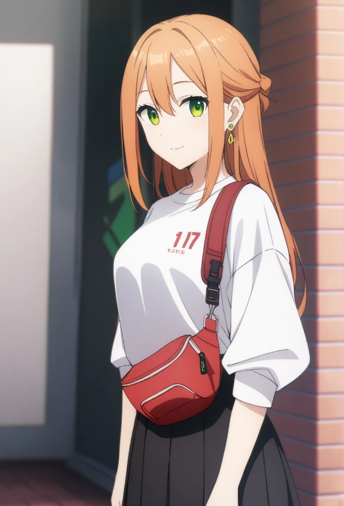 (masterpiece, best quality, very aesthetic, ultra detailed), score_9, score_8_up, score_7_up, source_anime,
TachibanaKotoha,
1girl, closed mouth, light smile,
Orange hair, long hair, hair between eyes , green eyes, earrings,
 white shirt, black skirt,  fanny pack, red bag,
standing, looking at viewer,
outdoors, 