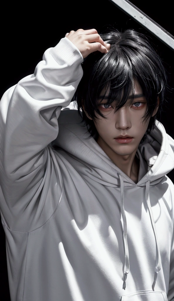 A man stood with his hoodie lifted slightly, his cheek slightly cut, he handsome, black hair, eye color true sapphire