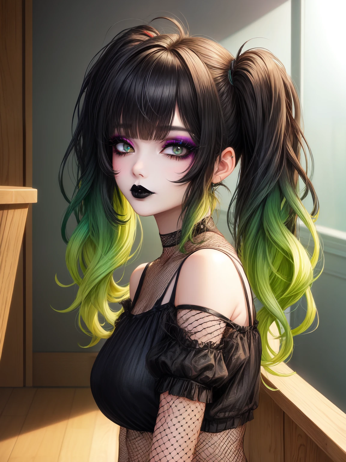 masterpiece, adult, indoors, woman with lime green to black ombre hair, black lips, bangs, messy hair, pigtails, eye shadow, smoky eyes, smokey eyes, fishnet, very long hair, 