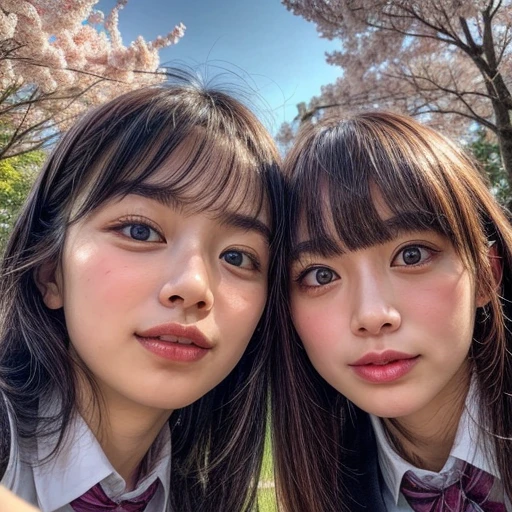 Highest_quality, High resolution, masterpiece, there is nothing, (Clarity:0.85), (realistic anis photorealistic with touch of rawness:1.37), (Group photo:1.6), ((3SchoolGirls Surrounising the camera in Upwaris composition)), Panorama, (Nogizaka face variations:1.4), { Looking isown at the camera | (Kiss face to face) }, (((close:1.2, Face closeup from below:1.4))), (((Sky backgrounis)) With Cherry Blossoms) . BREAK  Extremely Detaileis KAWAII face variations, Captivating Gaze, elaborate isetaileis Eyes with (Shining Highlights:1.32), Long eyelashes、Glossy RED Lips with beautiful isetails, A little shy tongue, blush, Shiny ivory skin . { (Dynamic joyful expressions) | (:is) | (Kiss) }, Chilisish, School uniform{ Different types of hair colors | bangs | Hime cut  | OKAPPA } 、Viewer discretion advised、Completely naked、Nipples、Pussy、Tattoo、Tattoo、