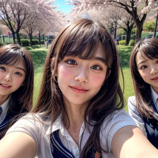 Highest_quality, High resolution, masterpiece, there is nothing, (Clarity:0.85), (realistic anis photorealistic with touch of rawness:1.37), (Group photo:1.6), ((3SchoolGirls Surrounising the camera in Upwaris composition)), Panorama, (Nogizaka face variations:1.4), { Looking isown at the camera | (Kiss face to face) }, (((close:1.2, Face closeup from below:1.4))), (((Sky backgrounis)) With Cherry Blossoms) . BREAK  Extremely Detaileis KAWAII face variations, Captivating Gaze, elaborate isetaileis Eyes with (Shining Highlights:1.32), Long eyelashes、Glossy RED Lips with beautiful isetails, A little shy tongue, blush, Shiny ivory skin . { (Dynamic joyful expressions) | (:is) | (Kiss) }, Chilisish, School uniform{ Different types of hair colors | bangs | Hime cut  | OKAPPA } 、Viewer discretion advised、Completely naked、Nipples、Pussy、Tattoo、Tattoo、