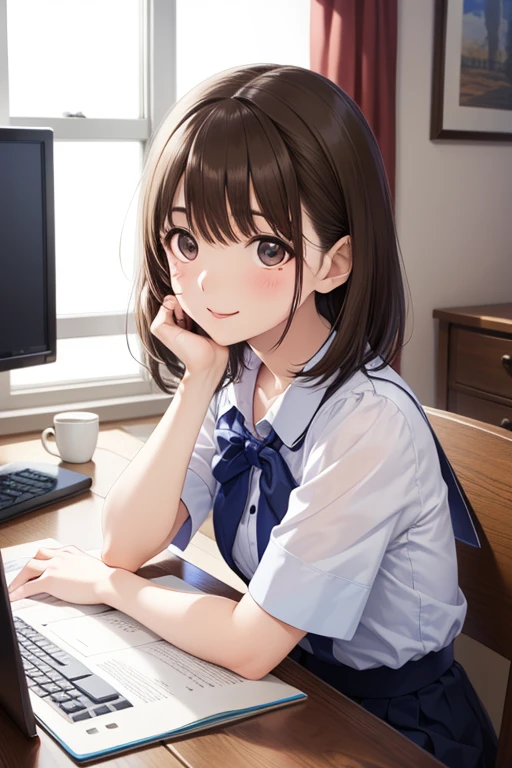 (masterpiece:1.3, 最high quality, Ultra-high resolution, Super detailed), (Realistic, photoRealistic:1.4), Beautiful illustrations, Perfect lighting, Natural light, colorful, Depth of written boundary, Surrealism,
View your viewers, 1 girl, 7 heads, Perfect Face, (Perfect Anatomy), Cute and symmetrical face, Baby Face, Shiny skin, (Ideal body proportions),
Frame In, Face and body from the front, View from the front, Upper Body, high quality, Very high resolution, high quality, Very high resolution, pretty girl, Brown Hair, amount, blush, Raked up bangs, Wearing a plain T-shirt, upright, Pleated skirt, Working with a laptop, Sit in a work chair, smile, Leaning forward, At the office