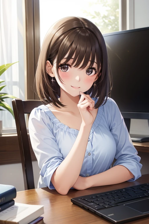looking up, Realistic, real person, (pale skin: 1.2), upper body, RAW photo, photorealistic, shiny skin, shiny hair、(A 35-year-old woman with medium-length hair and bangs) and (wavy hair) and (brown hair) and (Orange Eyes) and (half closed eyes:1.3), (white:1.5) and (blouse) 、Cleavage、(drunk:1.5), smile, The background is the living room at night、illumination、Alone、