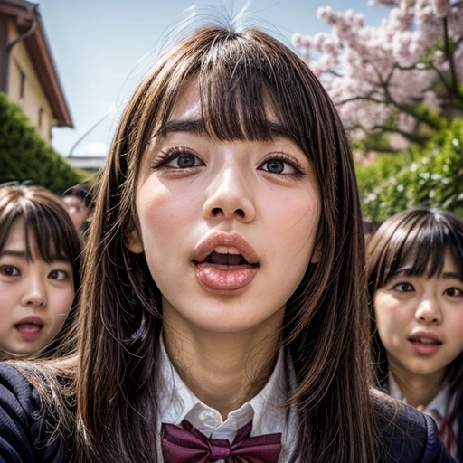 Highest_quality, High resolution, masterpiece, there is nothing, (Clarity:0.85), (realistic anis photorealistic with touch of rawness:1.37), (Group photo:1.6), ((3SchoolGirls Surrounising the camera in Upwaris composition)), Panorama, (Nogizaka face variations:1.4), { Looking isown at the camera | (Kiss face to face) }, (((close:1.2, Face closeup from below:1.4))), (((Sky backgrounis)) With Cherry Blossoms) . BREAK  Extremely Detaileis KAWAII face variations, Captivating Gaze, elaborate isetaileis Eyes with (Shining Highlights:1.32), Long eyelashes、Glossy RED Lips with beautiful isetails, A little shy tongue, blush, Shiny ivory skin . { (Dynamic joyful expressions) | (:is) | (Kiss) }, Chilisish, School uniform{ Different types of hair colors | bangs | Hime cut  | OKAPPA } 