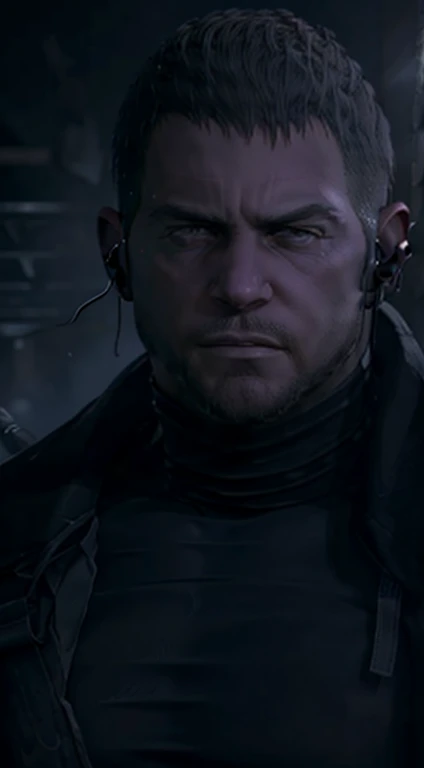 Dark gothic village in the background, old Chris Redfield from Resident Evil 8, 4, muscular male, tall and hunk, black cold turtleneck, straps, earpiece, beard, handsome face, deadpan, video games style, high resolution:1.2, best quality, masterpiece, dark nightime, dark atmosphere, volumetric lighting, shadow, portrait, face close up, looking at viewer