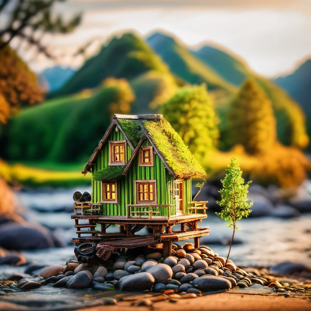 Miniature photography, small house, Bright green, Mountains towering in the distance々, Sunset sky, Small River, Blur effect