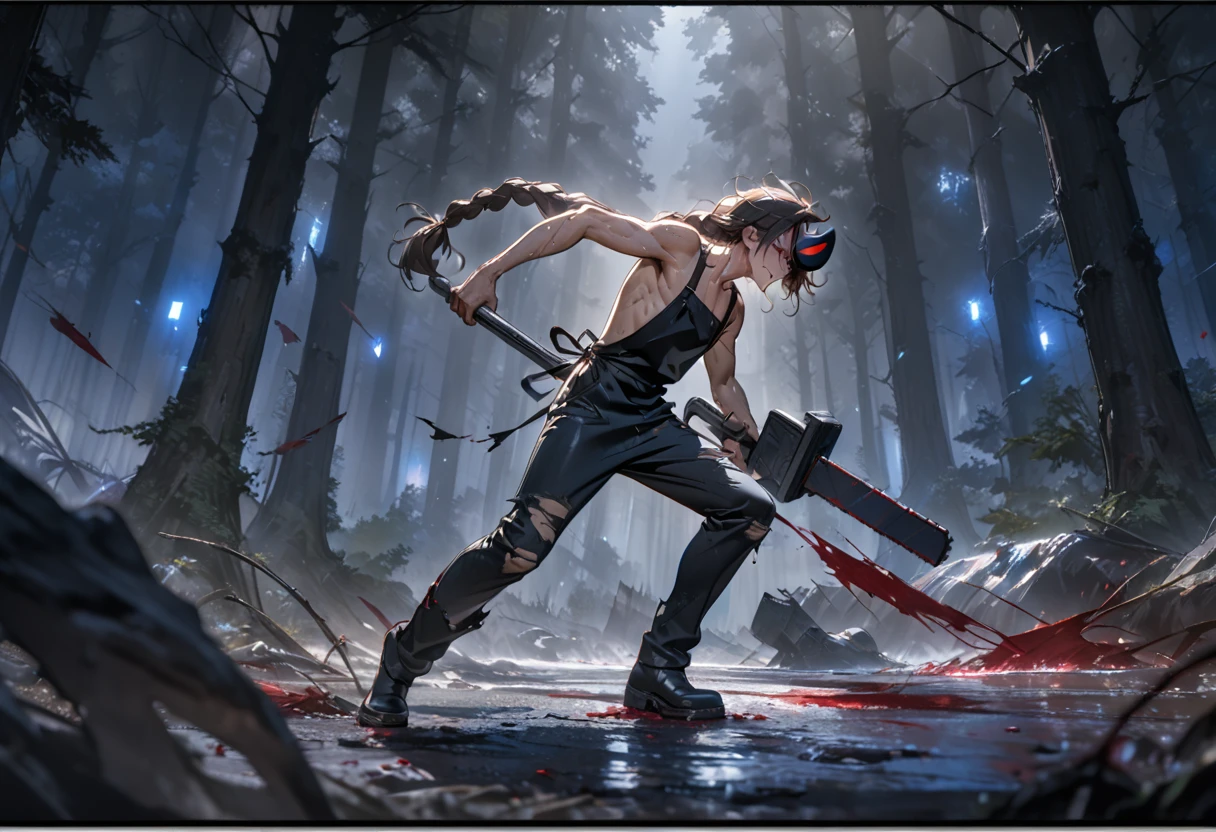 best quality, masterpiece, extreme details, 8K wallpaper, official art, A mature woman surrounded by a forest, Dark brown messy hair in a long braid with sweaty perky bangs, Red eyes, has a simple rabbit mask on the side of his head, He wears a very long black industrial safety apron that reaches down to his feet., evil smile, holding a bloody chainsaw, ripped and torn baggy jeans, shirtless under the apron, dynamic pose, blood stained clothes, at night, dramatic blue light, black boots