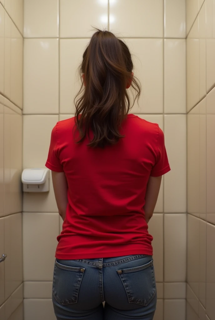 Girl is standing in a doggystyle position, view from the back.