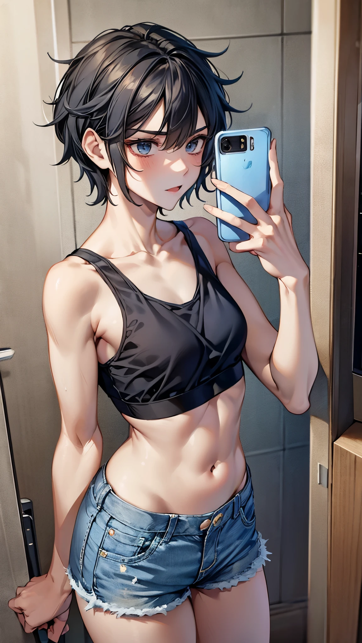 bust: 80 cm、Waist: 56cm、Hip: 83cm high school girl fighter。Short black hair。Muscular。Six Pack Abs。docile character。Naked in front of the mirror。I have a complex about my small breasts。