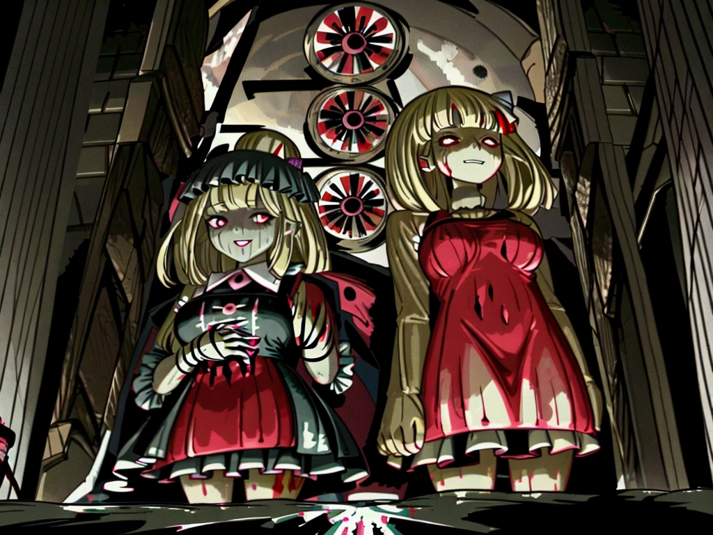 1girl,horror,pale skin,open mouth,alarmed and panicky,fear,full body,blood,with wide eyes,skull,from below,red hairband,black bow,girly running,spoken flying sweatdrops,crying,motion blur,clenched hands,