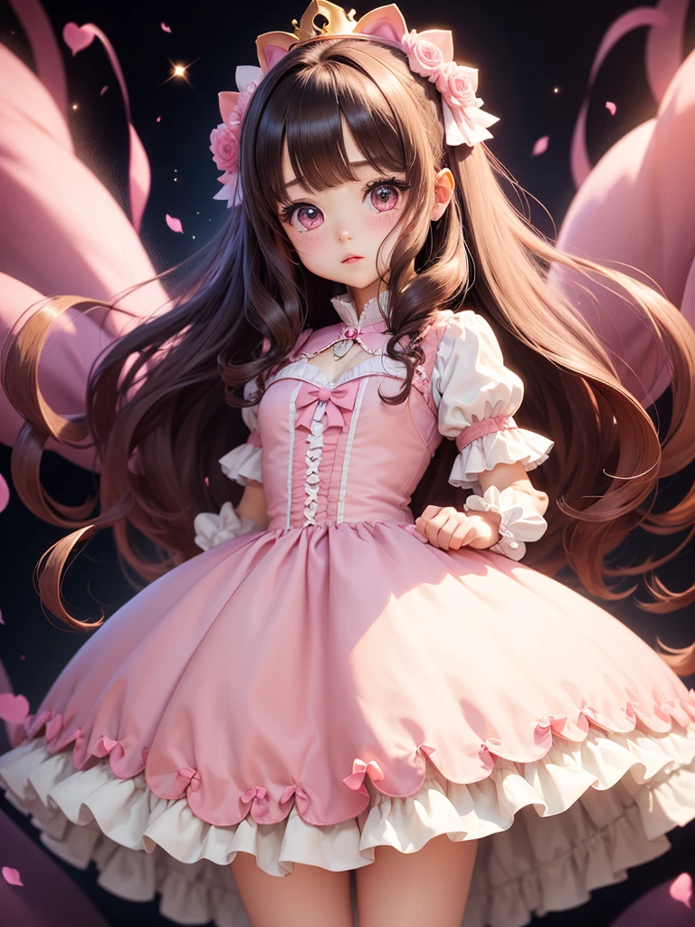 (Best Quality,hight resolution,masutepiece:1.2),Ultra-detailed,Portrait,Painting,Happy,Vibrant colors,Soft light,Warm tones,detailed dress,Sparkling tiara,Floral background,playful expression,Adorable:1.1,long eyelashes,Beautiful dark brown eyes,rosy cheeks,Pleasant moments,Curly hair,Brown skin,Round face