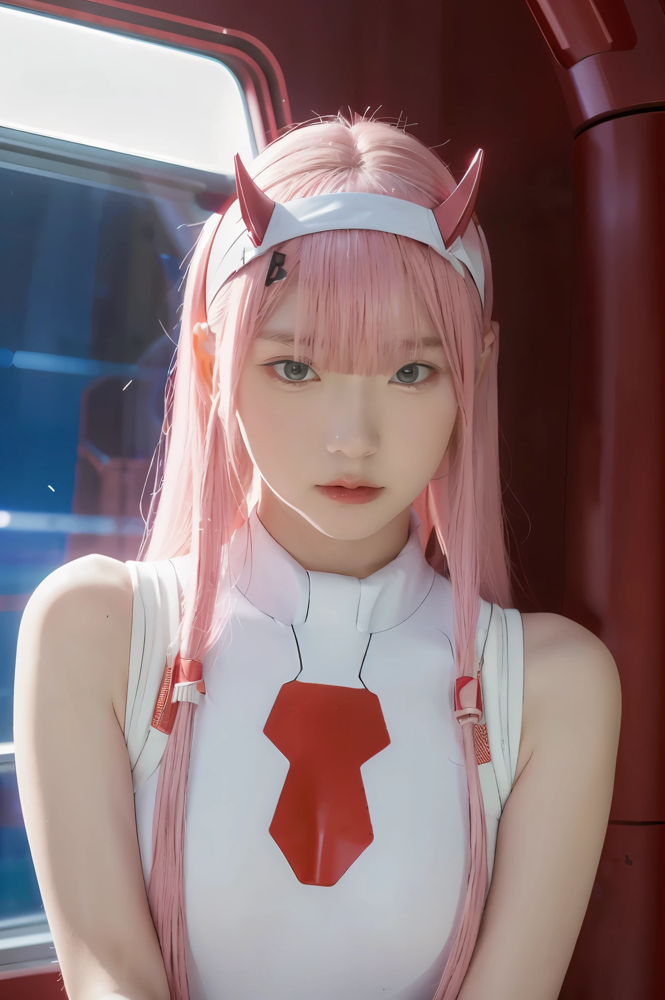 dynamic angle,ultra-detailed, illustration, straight on, 1girl, ((Zero two, interface headband with a pair of horns, red bodysuit:1.4, pink hair)), Her eyes shone like dreamy stars,(glowing eyes:1.233),(beautiful and detailed eyes:1.1),(expressionless, closed mouth),(standing), (mechanic room with tools and spaceship window in a white SPACESHIP), (night:1.2), dreamy, dynamic pose,