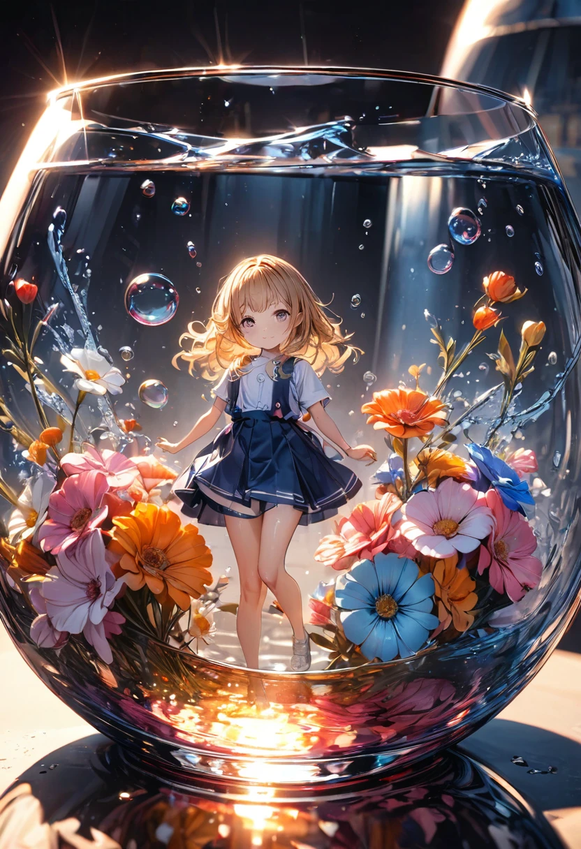 Super detailed, 8k, Angelic, glass, Water in a glass, Flowers in a glass, bubble, Right Blue Water, nice, bright,Girl in glass,Mini Girl,Refraction of Light,Reflection of light,Dynamic Angle,