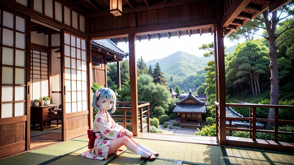 Beautiful slender thin exquisite naked girl with a perfect southern type face with blue hair with tender breasts with tender nipples barefoot with bare hips (((lies))) on the veranda of a wooden house under the cherry blossoms and dreamily looks at the flowers, Coffee, in a gentle watercolor style, Discreet shades, sfumato, haze, diffused dim light, delicate mint shades, imitation of film photography, ((view from above))