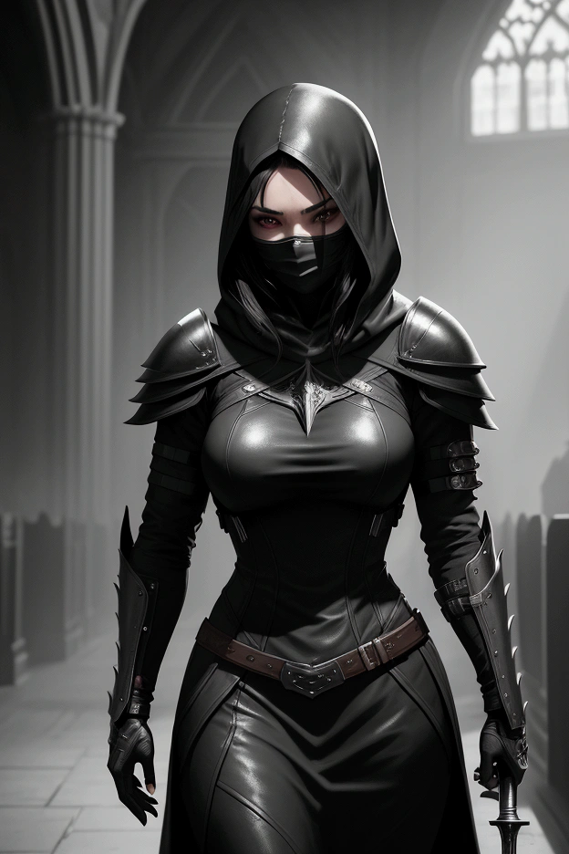 sci-fi, space rogue thief girl, (smirk:1.1), short hair, black hood, light armor, big grey eyes, beautiful detailed eyes, face mask, drawn by Greg Rutkowski, Yoji Shinkawa:0.6
