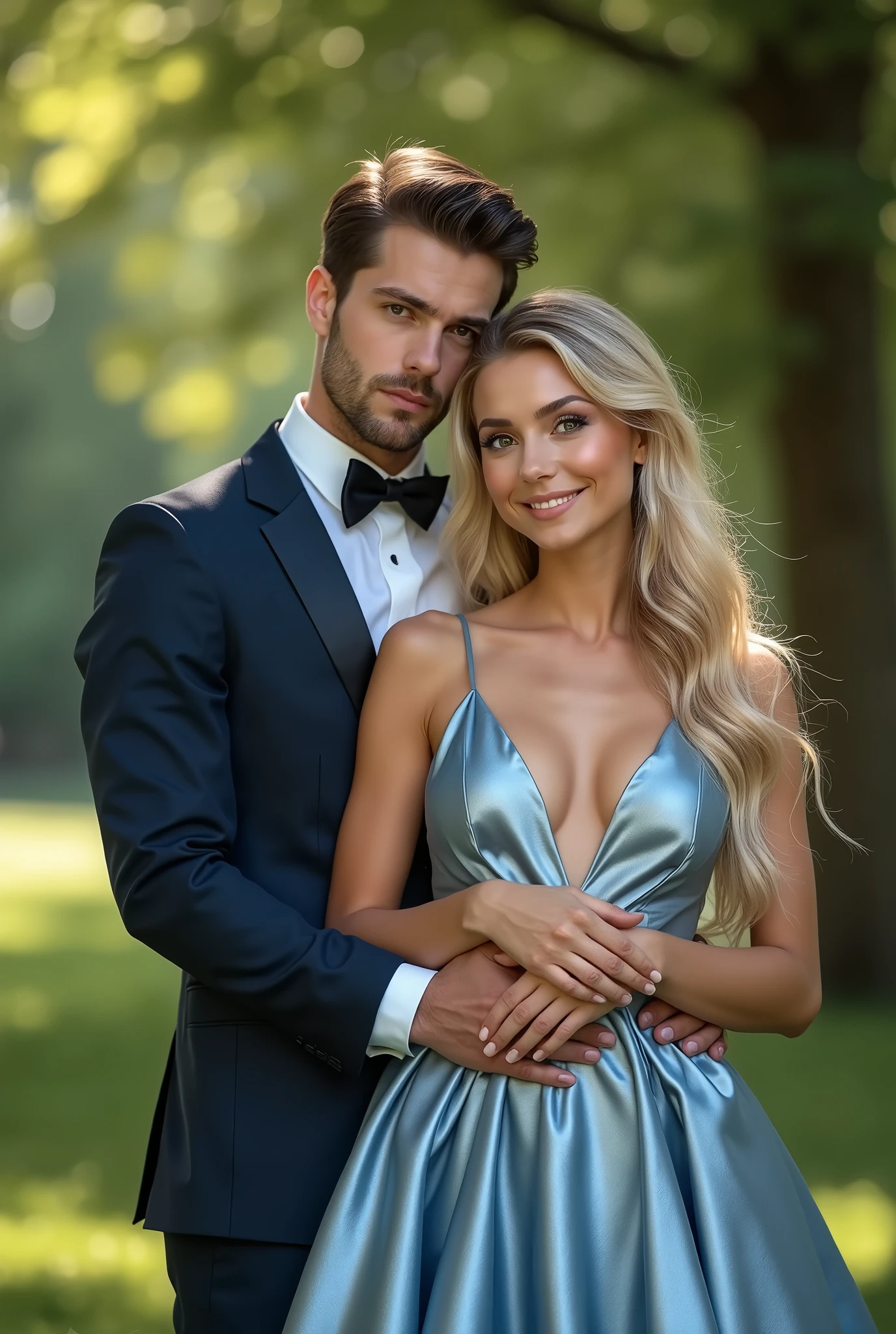 straight couple hugging, beautiful, happy, super realistic, the woman in the elegant dress, blonde, blue eyes, the man in the suit and tie, high definition, super detailed, nature background