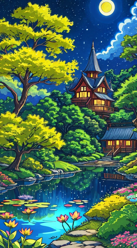 "Anime nature wallpaper of a lively forest clearing with colorful flowers, animated trees, and a crystal-clear pond reflecting the night sky. Warm, festive colors with stars twinkling, creating a magical and joyous atmosphere."