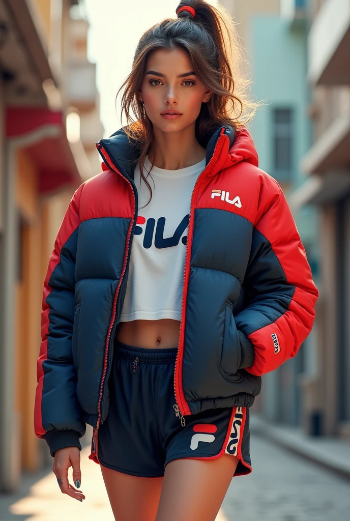 Top Quality, Masterpiece, High Resolution, 8k, wide objective, full body shot, (((skinny cute girl, barely legal, age 14), (oversized satin see-through puffer jacket with plunging Neckline, off-shoulder, short sleeves), mediumperky breasts, extremely detailed face, detailed eyes, thin eyebrow, detailed lips, no makeup, long slick ponytail side shaved hair, small hips, (in a spaceship, on a bed), dim light, dramatic and neon colors, futuristic setting, intricate details, at night, random pose, random neon colors))
