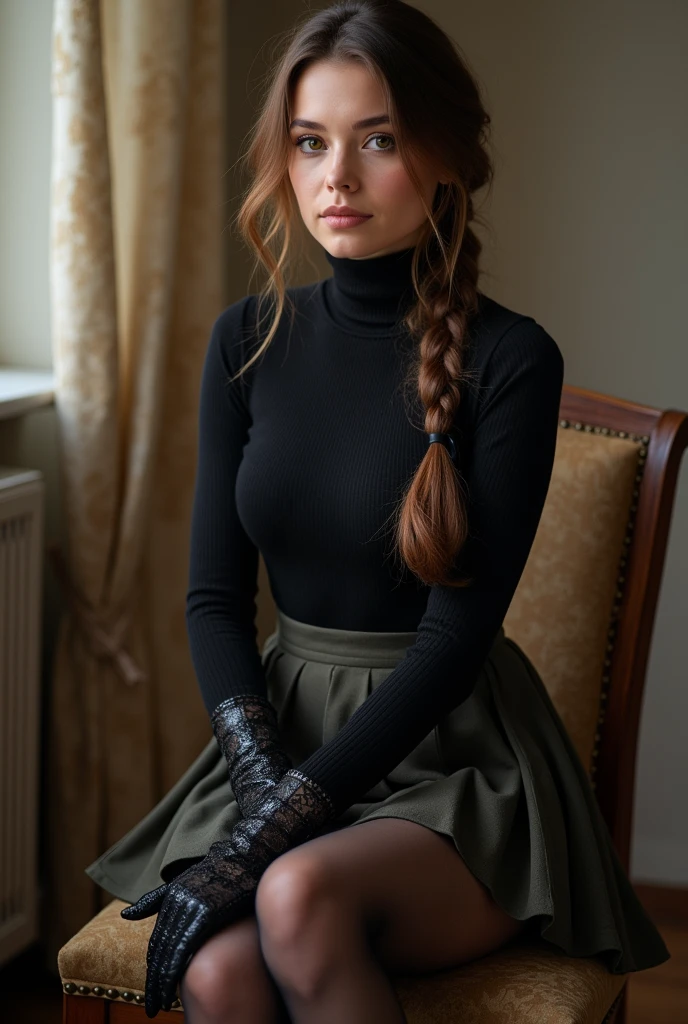 brown hair color、hair pulled back、ponytail、cute face、 she wears a turtleneck and a skirt.、black pantyhose、sitting on a chair、crossed legs、Wearing black lace gloves、wearing  boots、adult german woman、full body portrait、indoor.、
