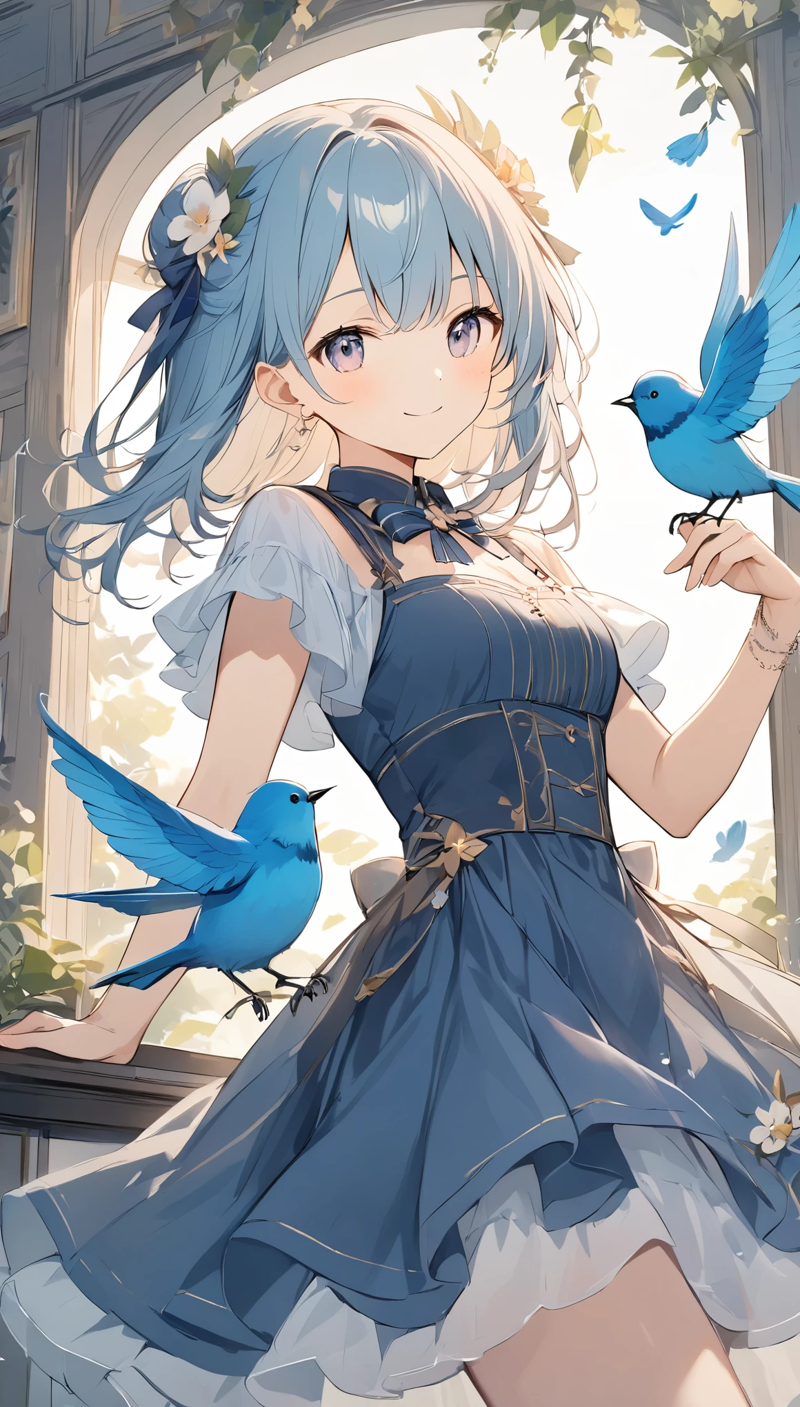 The pale lines and soft colors create a dreamy, ephemeral impression.., Girl in a navy blue dress、Blue bird perched on finger、Birds that bring happiness、Smiling Girl