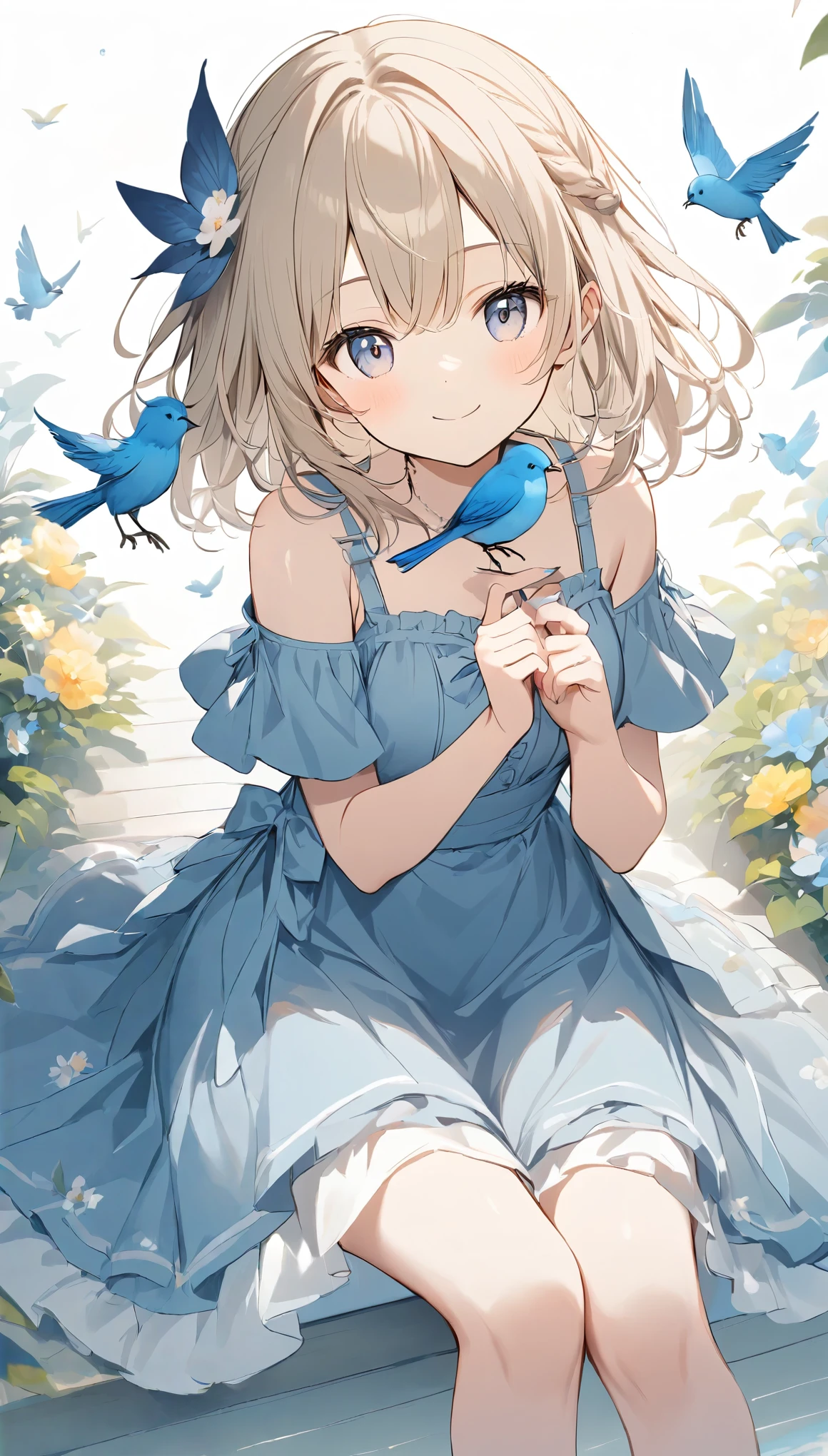 The pale lines and soft colors create a dreamy, ephemeral impression.., Girl in a navy blue dress、Blue bird perched on finger、Birds that bring happiness、Smiling Girl