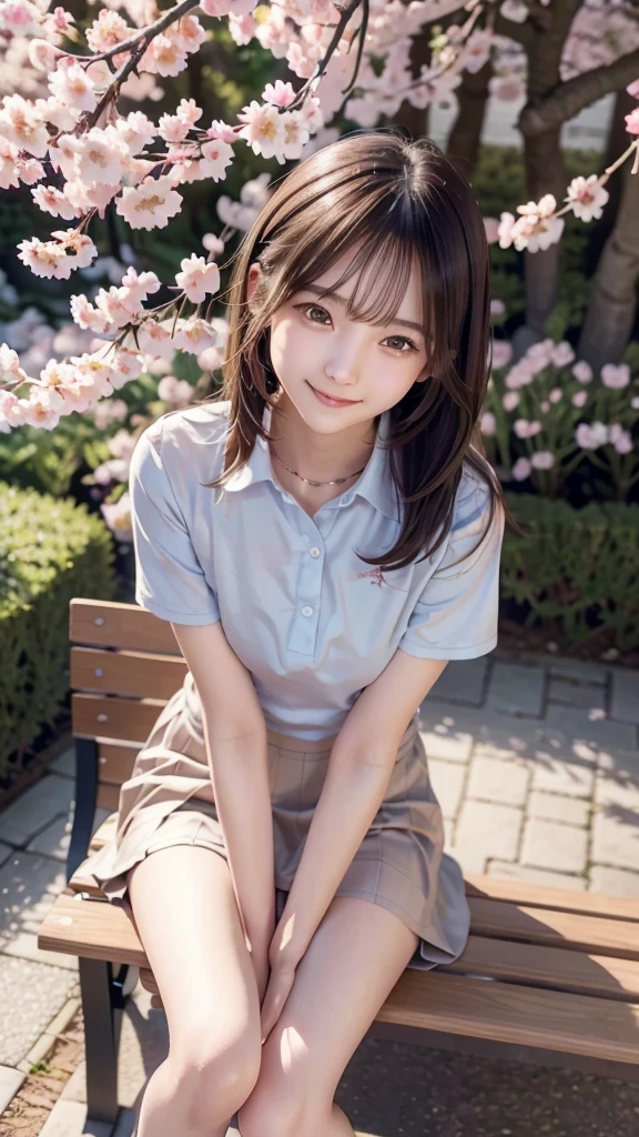 a beautiful  girl, school uniform, long brown hair, big bright eyes, cute smile, sitting on a bench in a garden, cherry blossom trees, sunlight, detailed lighting, high quality, digital art, realistic, photorealistic, 8k, masterpiece