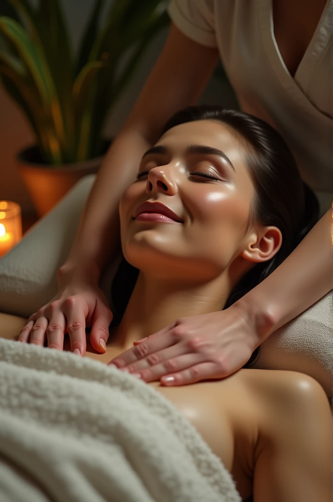 A beautiful woman is in a massage parlor room., with writing "FREE MASSAGE", the woman was lying face down on a mattress, a handsome man massages the woman&#39;s back , the atmosphere of the room is dim with minimal light.