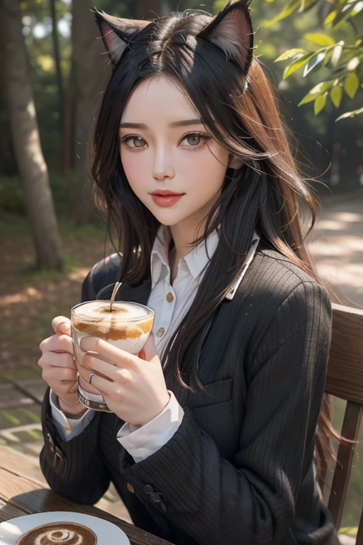 (8k, RAW Photo, Photorealistic: 1.25), (Lip Gloss, Eyelashes, Glossy Face, Glossy Skin, Best Quality, Ultra High Resolution, Depth of Field, Chromatic Aberration, Caustics, Wide Lighting, Natural Shading, Enako, Drinking Cup Coffee, Orchan, White T-Shirt, Less Exposure, Sun Through the Trees, Hyperreal