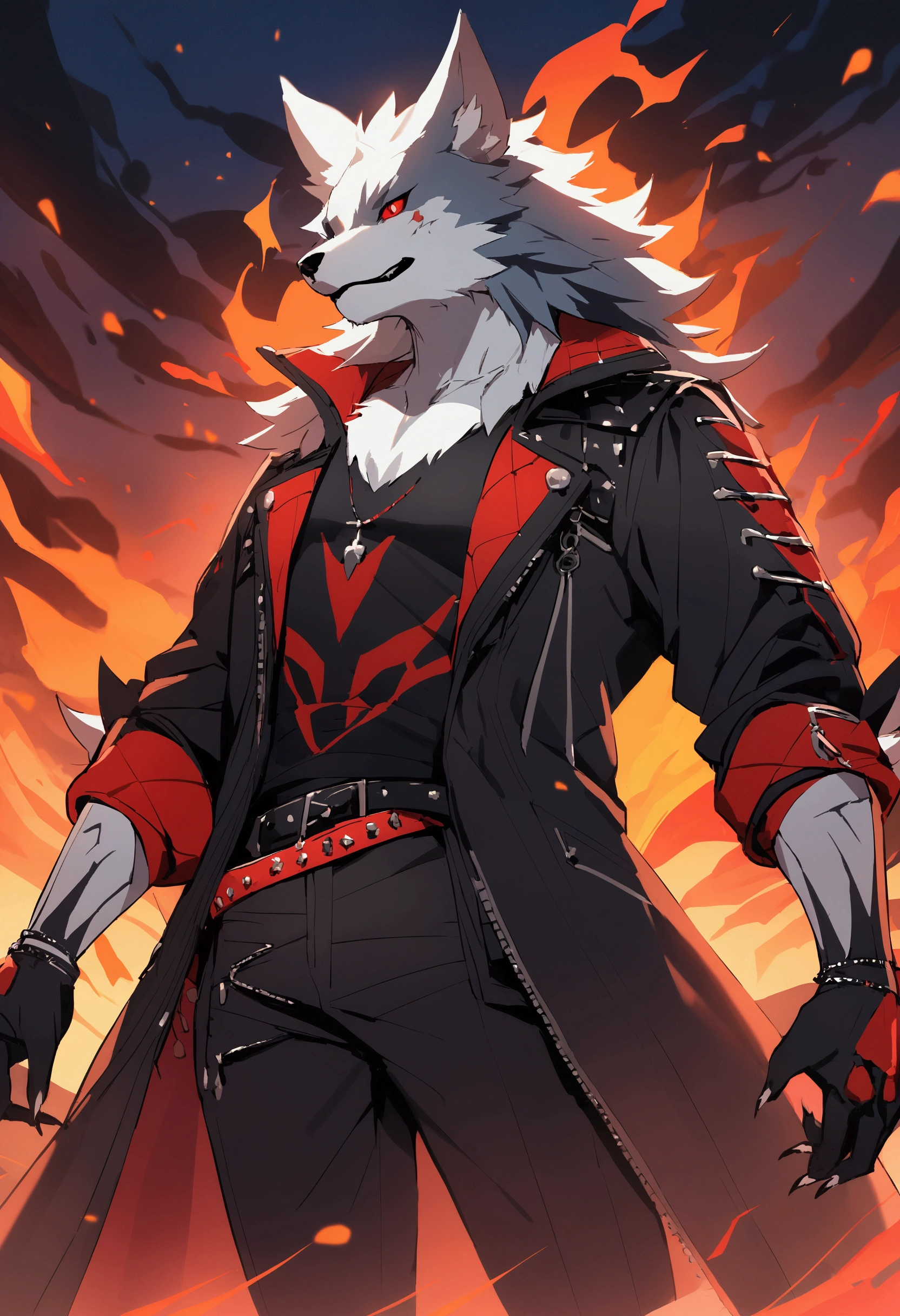 A male humanoid wolf with black colors and red accents and rock roll clothing