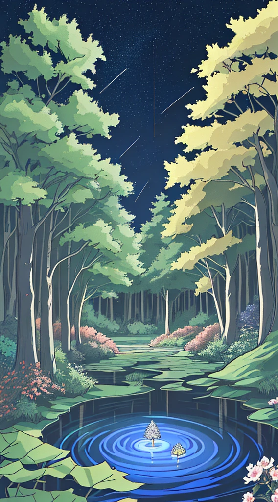 "Anime nature wallpaper of a lively forest clearing with colorful flowers, animated trees, and a crystal-clear pond reflecting the night sky. Warm, festive colors with stars twinkling, creating a magical and joyous atmosphere."