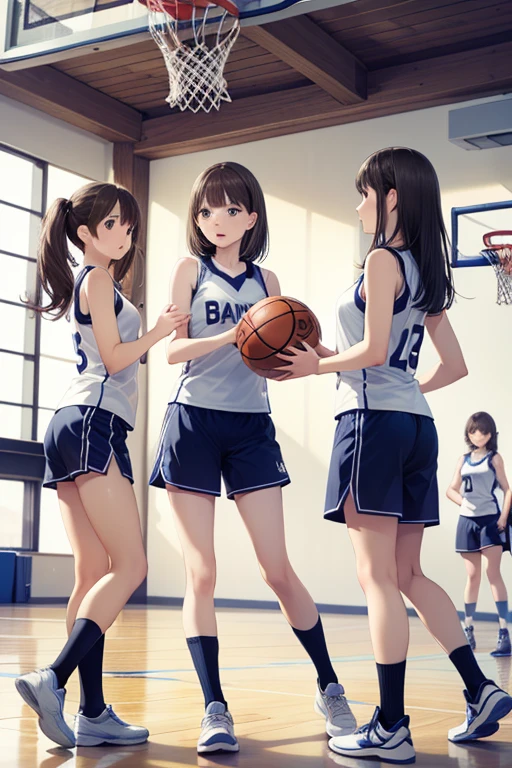 NSFW,(three women with different hairstyles、Three girls running ?????:1.8)、pussy juice、Very embarrassing、top-quality、masutepiece、Gymnasium、hi-school girl、During a basketball game