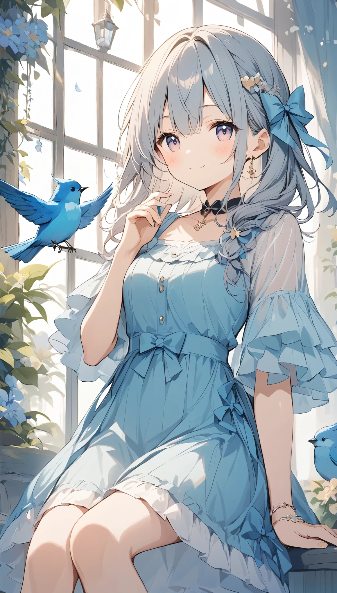 ((top-quality)), ((masterpiece)), ((ultra-detailliert)), (extremely delicate and beautiful), beautiful woman, bright light blue hair, long wavy hair, sapphire blue eyes, wearing sheer white shirt, wearing sheer white shorts, graceful smile, sweet smile, relaxed expression, fair complexion, round bird, dark purple bird, feathers in the background
