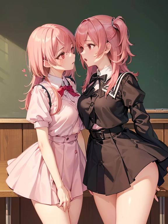 ((2girl),(yuri),(Stare deeply into each other's eyes)), (illustration), (masterpiece,best quality,high-resolution,detailed fingers,detailed hands,detailed eyes,detailed legs:1.5), (Anatomically correct number of limbs),  (long hair,short hair,pink and red hair), (big breasts),((clothed))), ((orgasm), (spoken heart)),((classroom),(Late Night))