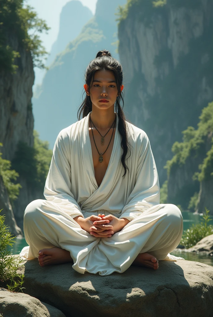 drawing, ultra realistic, 8k, extremely detailed, high quality, night, natural light image, daytime, sun rays, ultra realistic image, realistic texture, extremely detailed, realistic texture, high quality, 20 year old man, well defined goatee, realistic skin, wearing dark green and white Tibetan monk style robe, sitting under a tree, upright position meditating deeply, eyes closed, long hair flowing in the wind, serene face, forest surroundings, mountain, river, ultra colorful image, rays of the sun penetrating the forest, realistic skin, pores