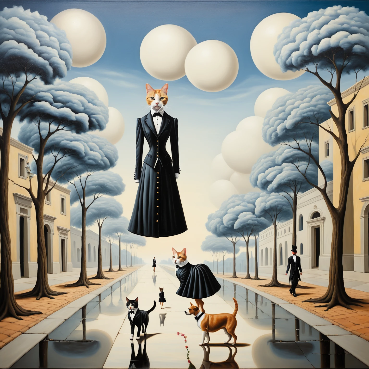 A surreal oil painting: a cat in a dress, with a dog in a tailcoat, walking down a street where trees laugh, monuments sell flowers, and people walk upside down. Against the backdrop of a city without gravity. Surrealism, aesthetic art of surrealism, aesthetic surrealism, surrealism in aesthetic form, emotional surrealism, paradox, dream-like irreality, bizarreness, bizarre contrast, intricacy.