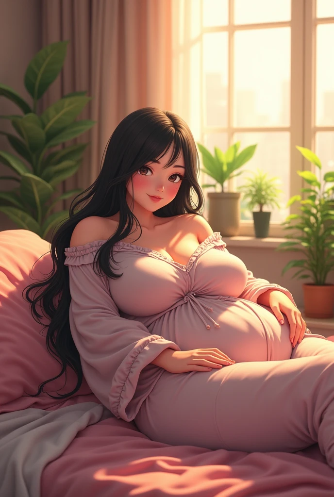 A pregnant woman wearing a pink dress with black curly hair smiling big black eyes full of sunshine sitting on a white sofa in a gentle room room finger detail 1.5 3d cartoon super high quality and super details HDR 8K